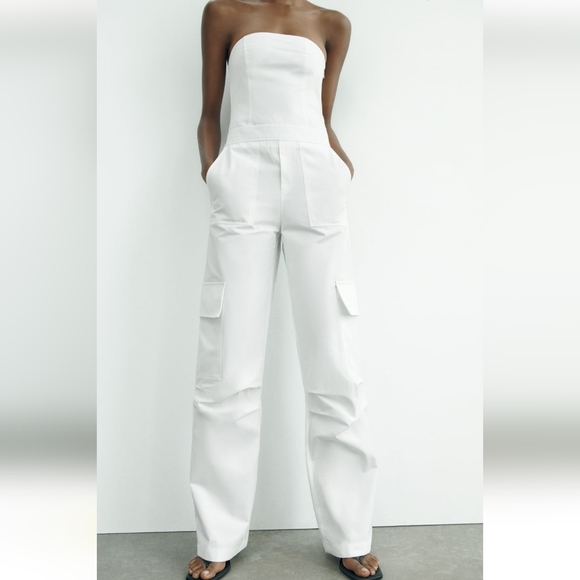 NWT Zara Strapless Utility Cargo Jumpsuit Wide White Long - Picture 11 of 16